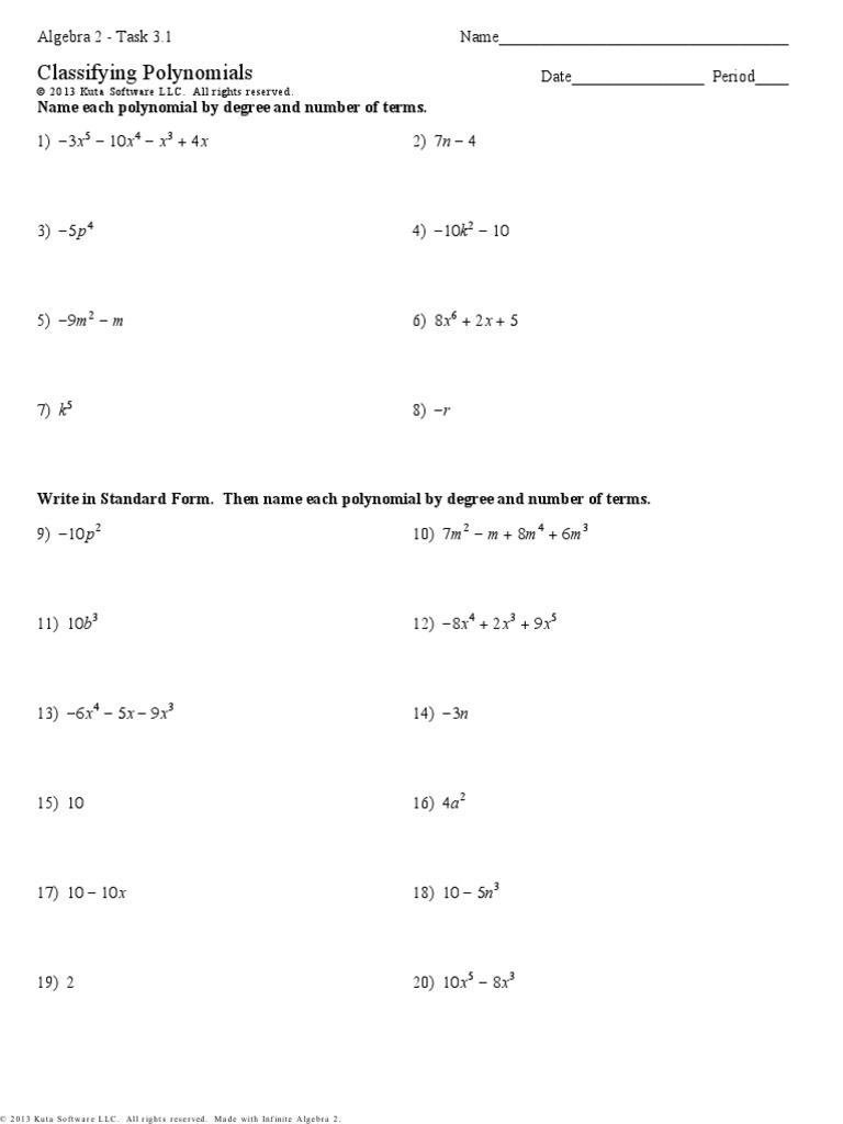 Classifying-Polynomials - Worksheet-With-Answers  PDF In Polynomials Worksheet With Answers