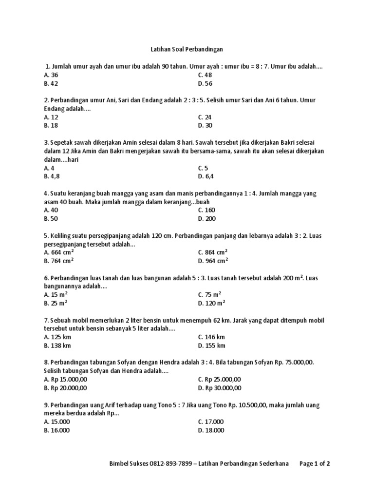 Latihan Soal Perbandingan Sederhana 5 6 Sd