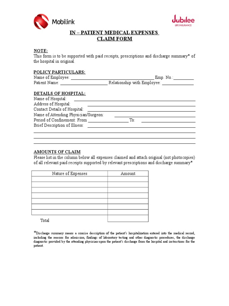 InPatient Claim Form Jubilee Life Insurance Patient Medical Record