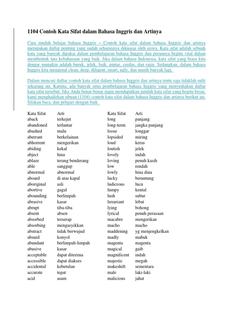 1104 Contoh Kata Sifat Dalam Bahasa Inggris Dan Artinya 1104 Contoh Kata Sifat Dalam Bahasa Inggris Dan Artinya