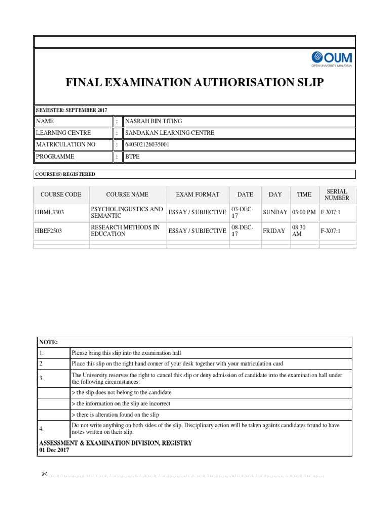 Final Exam Slip: Sandakan Centre | PDF