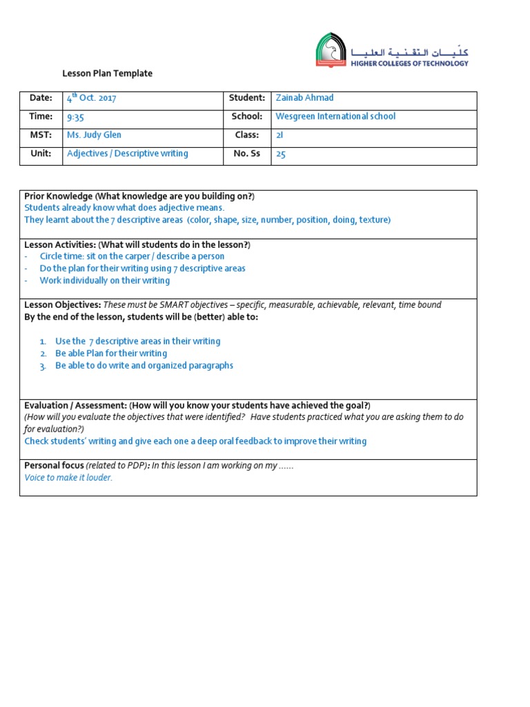 Descriptive Writing Lesson Plan | PDF | Lesson Plan | Education Theory