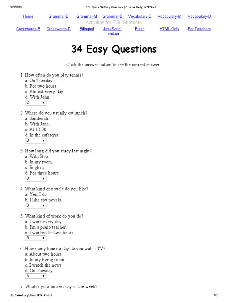 ESL Quiz - 34 Easy Questions | PDF | Leisure