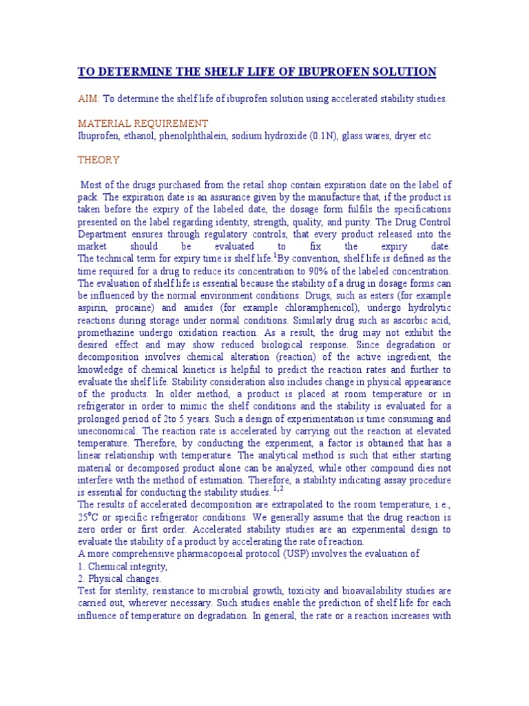 To Determine The Shelf Life of Ibuprofen Solution PDF Shelf Life Reaction Rate