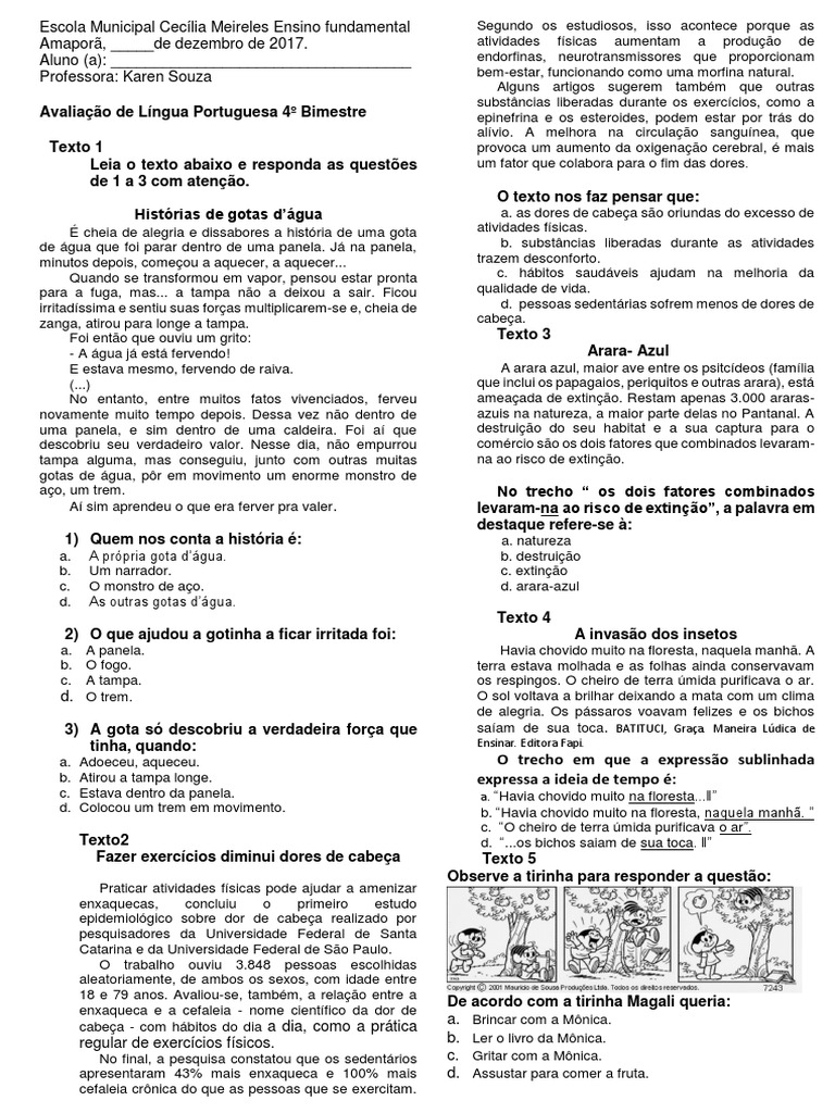 Avaliação de Portugues 4 Bimestre 4 Ano | PDF | Extinção | Dor