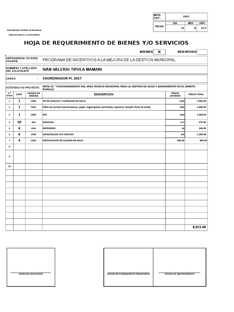 Hoja De Requerimiento De Bienes Y/O Servicios Programa De Incentivos A La Mejora De La Gestion