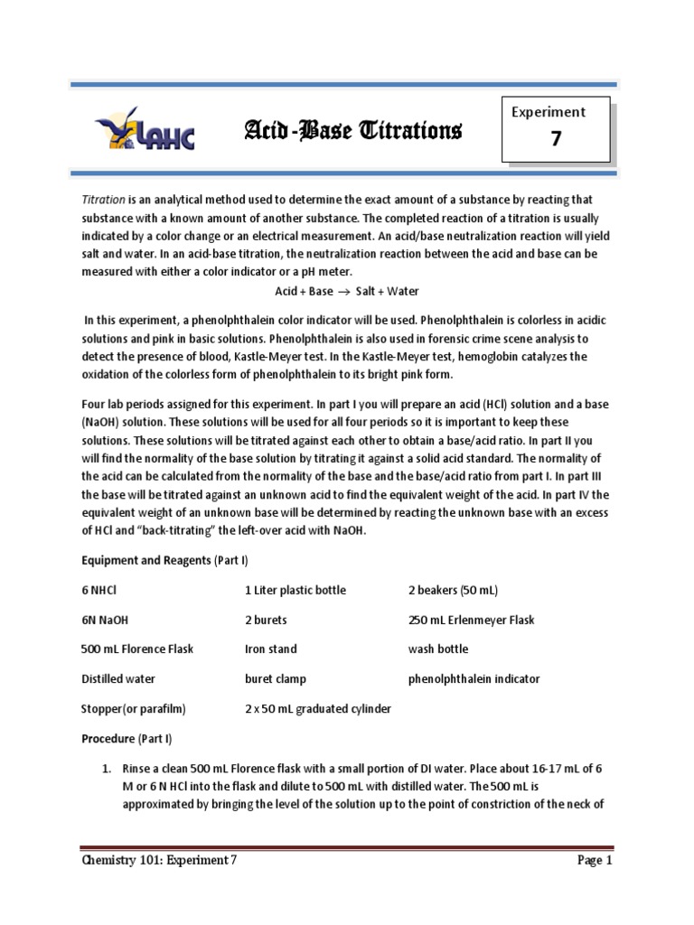 Exp 7 - AcidBaseF11 | PDF | Titration | Chemistry