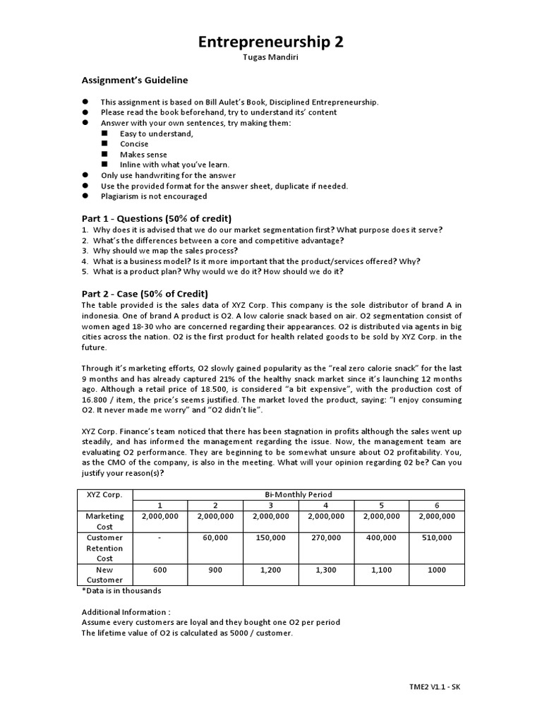 Entrepreneurship 2: Assignment's Guideline | PDF | Market Segmentation ...