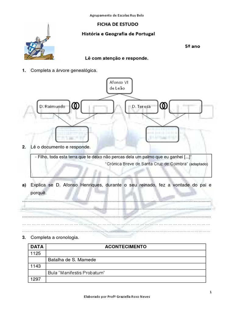 Ficha De Estudo História e Geografia de Portugal 5º ano Lê com atenção