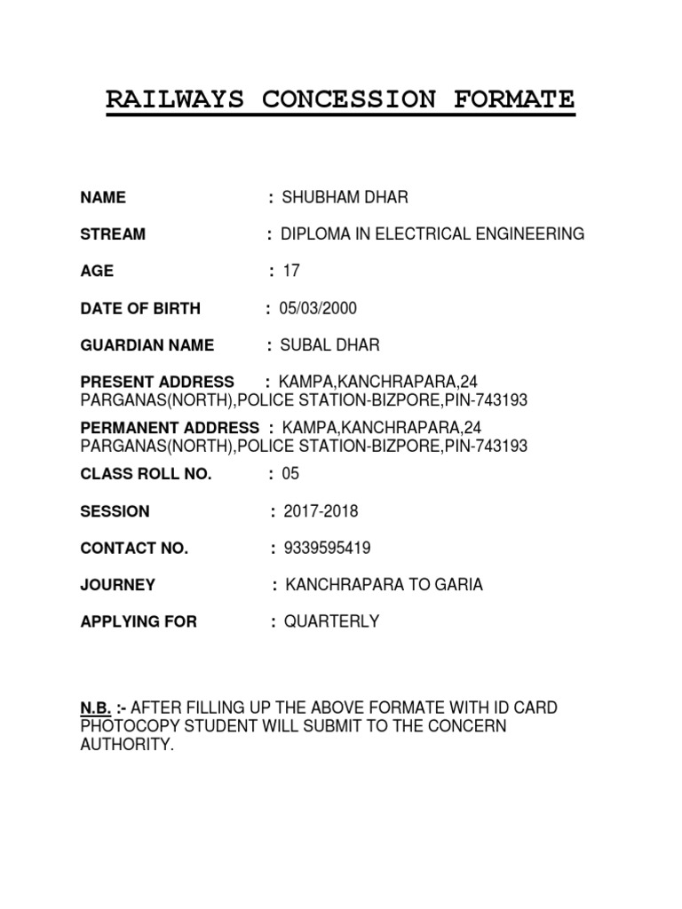 Kanchrapara Railway Concession Form | PDF