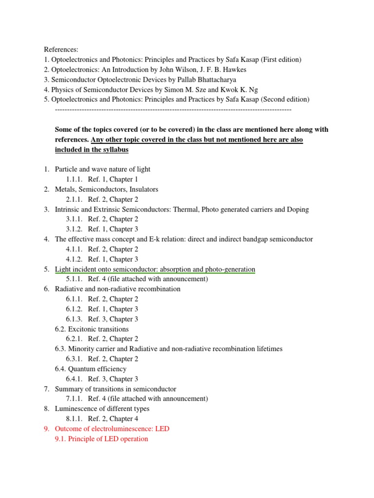 Optoelectronics Syllabus PDF Laser Semiconductors