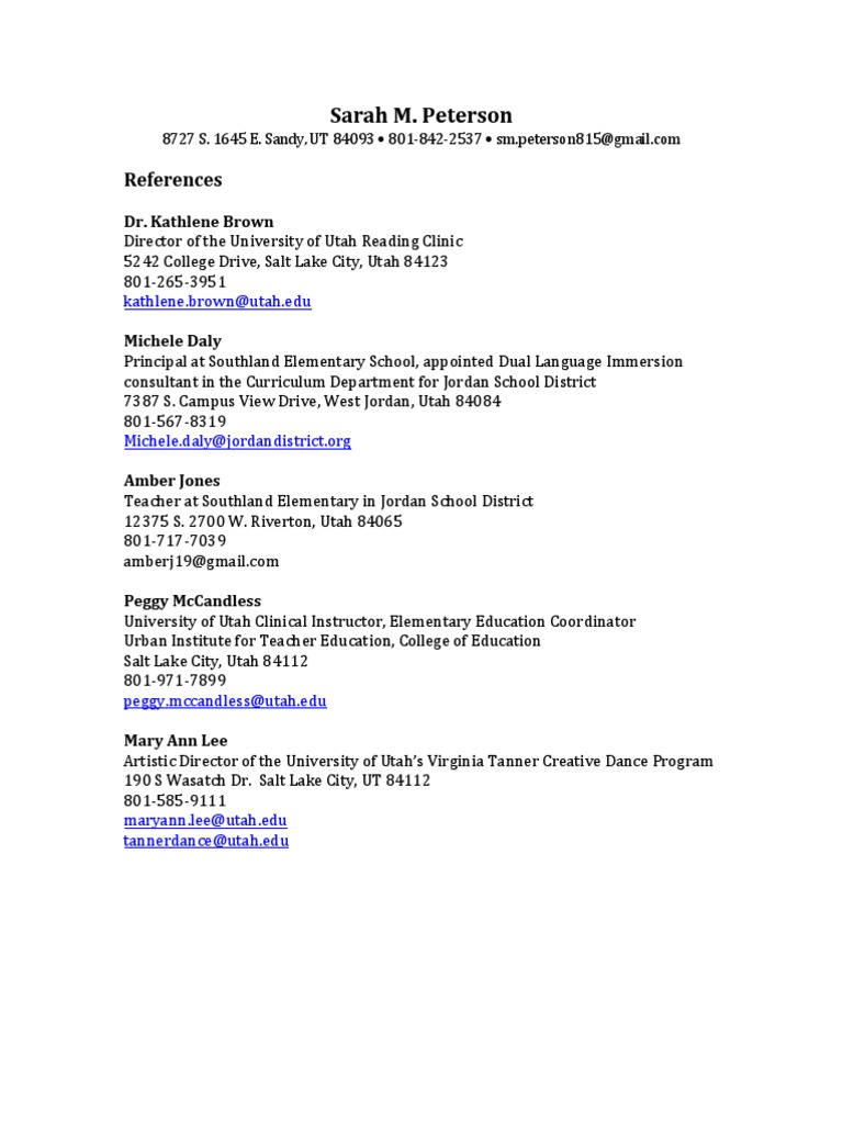 Teaching References-Sarah Peterson | PDF