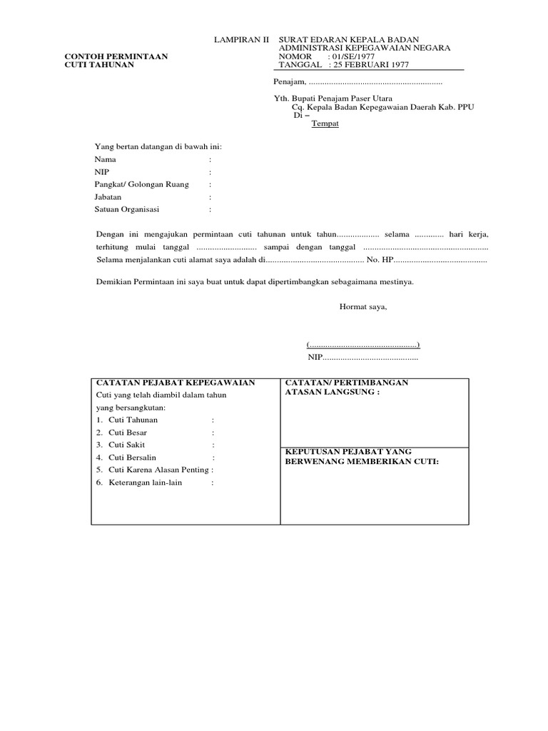 Contoh Surat Permohonan Cuti Kerja Word