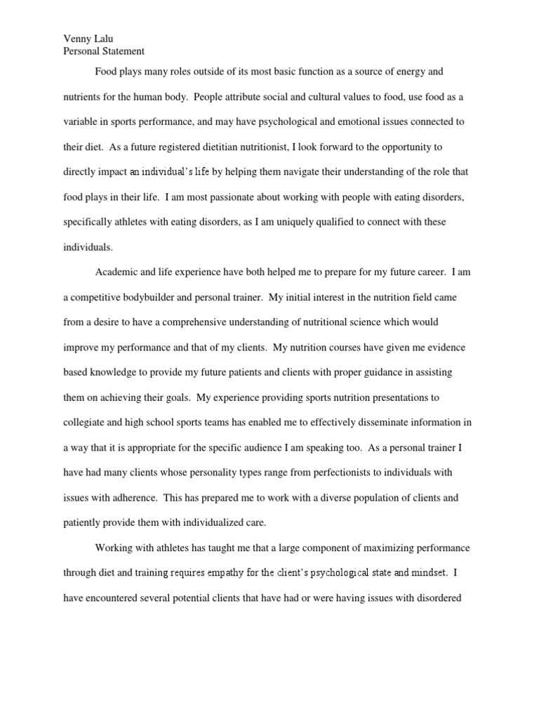 personal statement for masters in dietitian
