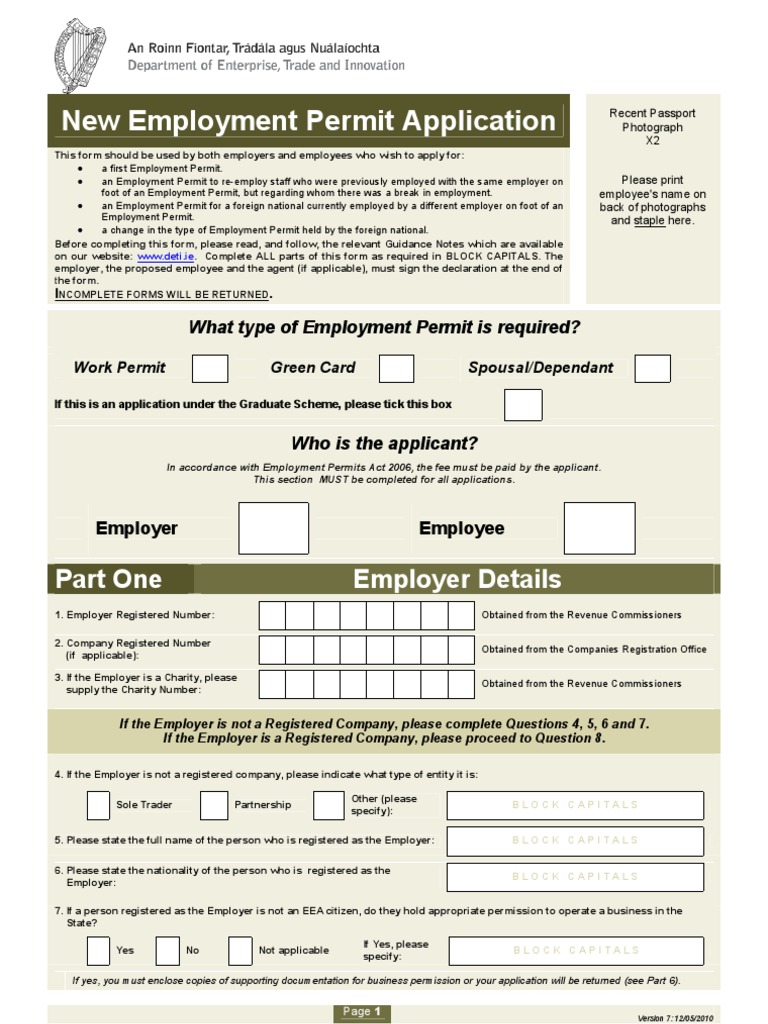New Employment Permit Application: Part One Employer Details | PDF