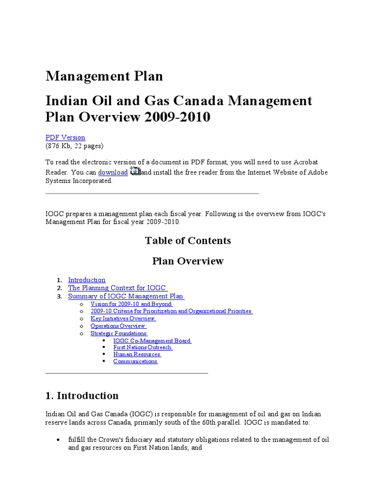 Management Plan Indian Oil and Gas Canada Management Plan Overview 2009 ...