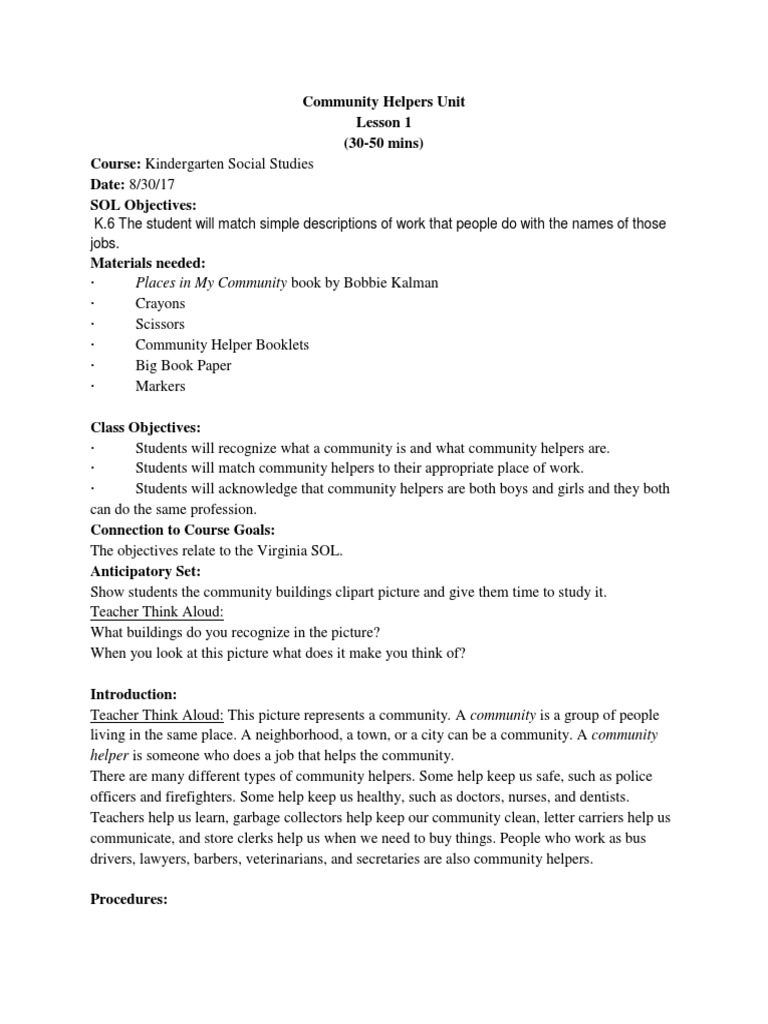 Social Studies Unit PlanKindergarten PDF Firefighter Teachers