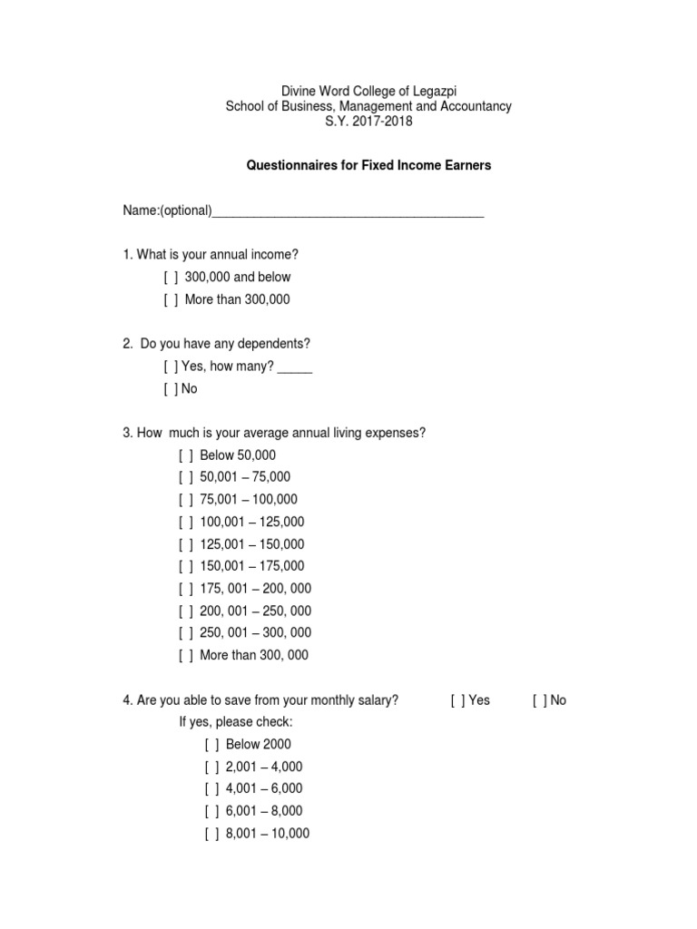 Fixed Income Earners Questionnaire | PDF | Expense | Government Budget ...