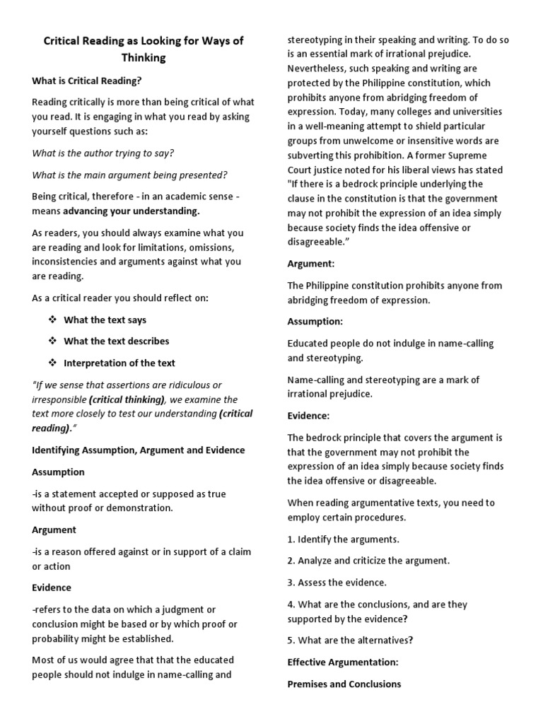 Critical reading as looking for ways of thinking activities picture