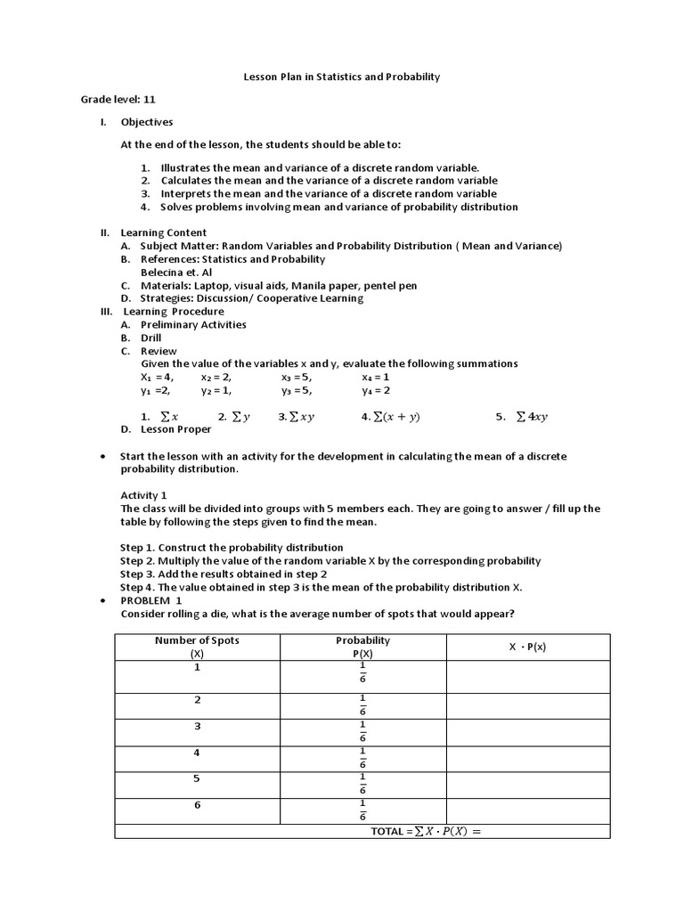 Mean and Variance of Discrete Variables | PDF | Mean | Variance