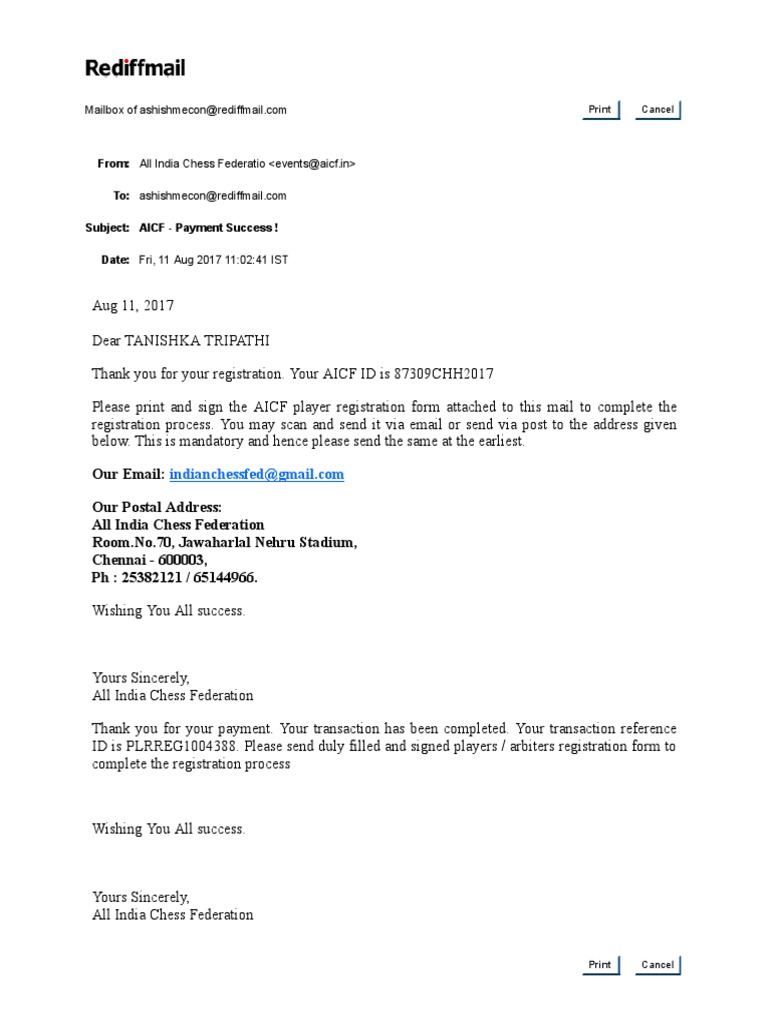 AICF Registration Confirmation and Details | PDF