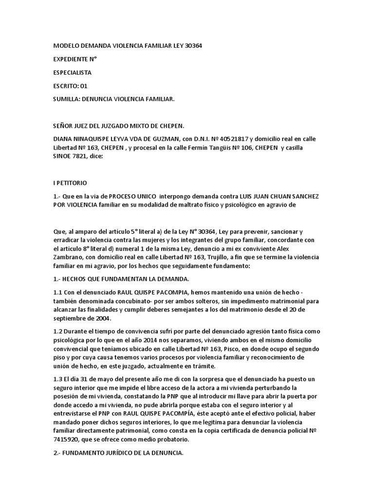 Modelo Demanda Violencia Familiar Ley 30364 | Violencia doméstica