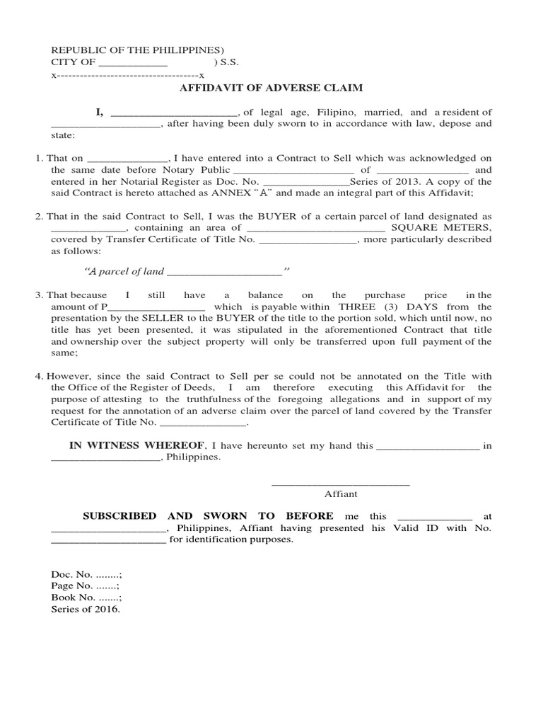 Affidavit of Adverse Claim Template | PDF | Affidavit | Civil Law ...