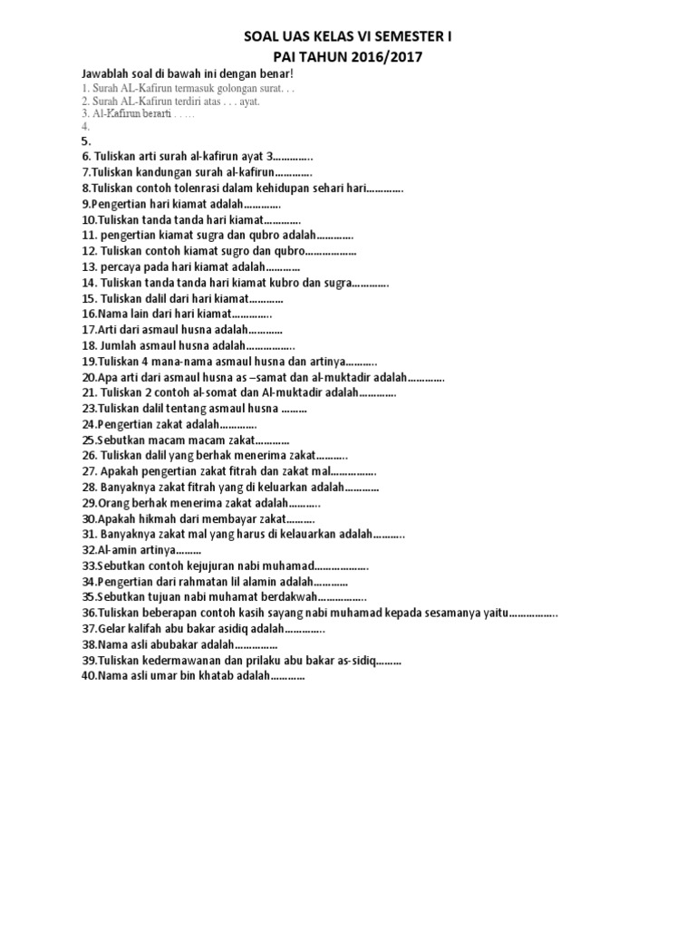 Soal Uas Pai Kelas Vi Semester I Sd 006