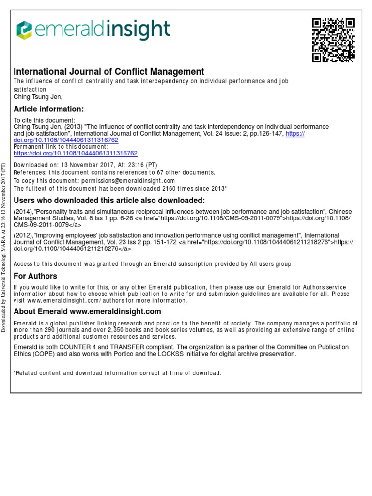 International Journal of Conflict Management: Article Information | PDF ...