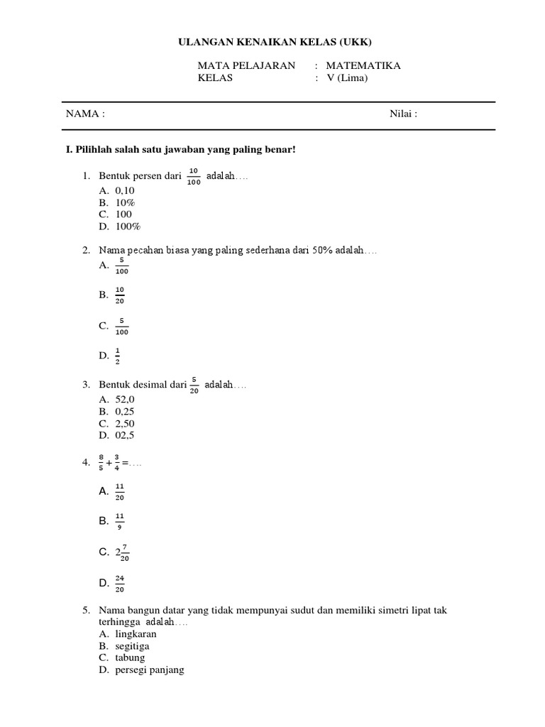 Soal Ukk Matematika Kelas 5 Semester 2 Asli 1