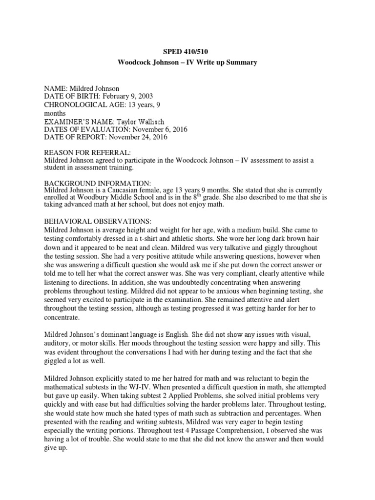 woodcock johnson iv summary write up Reading Comprehension Physics