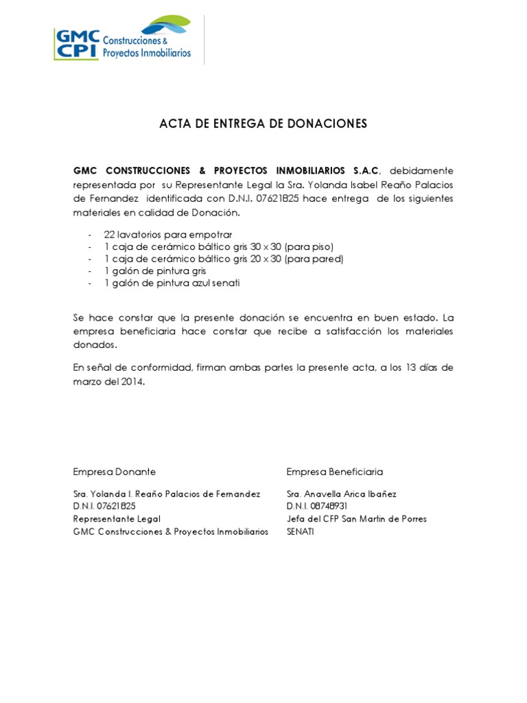 Acta de Entrega de Donaciones