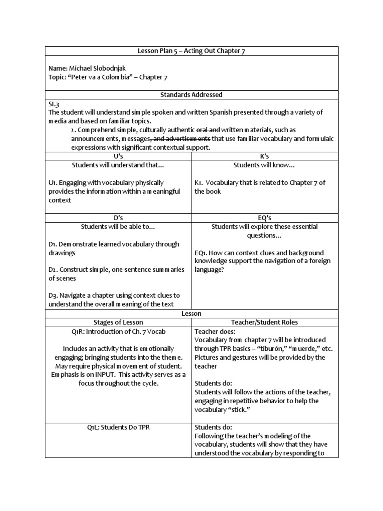 Lesson Plan 5 Peter CH 7 PDF Reading Comprehension Vocabulary