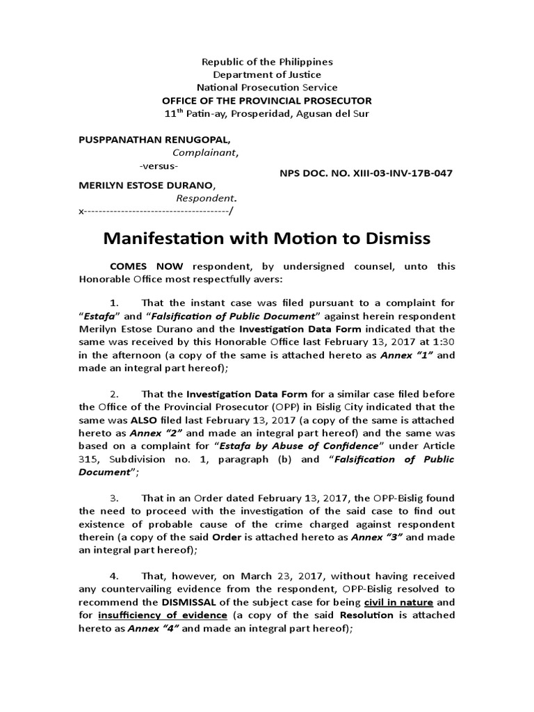 Manifestation And Motion To Dismiss Renugopal Vs Durano 111417 Pdf Prosecutor Affidavit