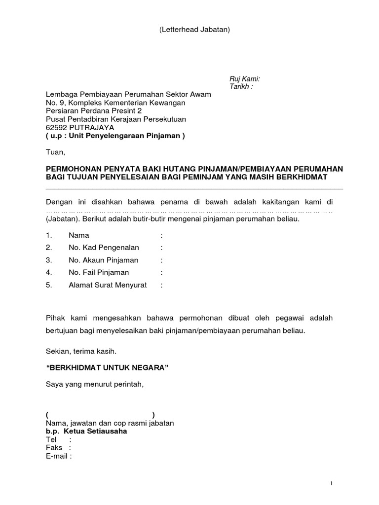 Contoh Surat Mohon Penyeta Penyelesaian Loan