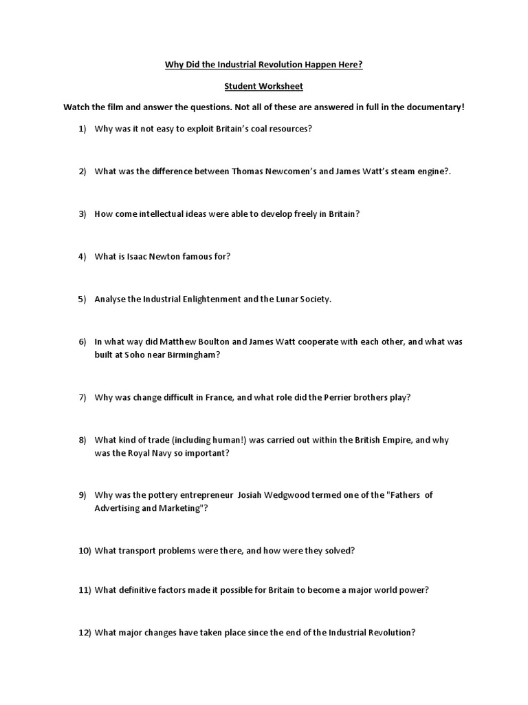 Industrial Revolution Worksheet PDF