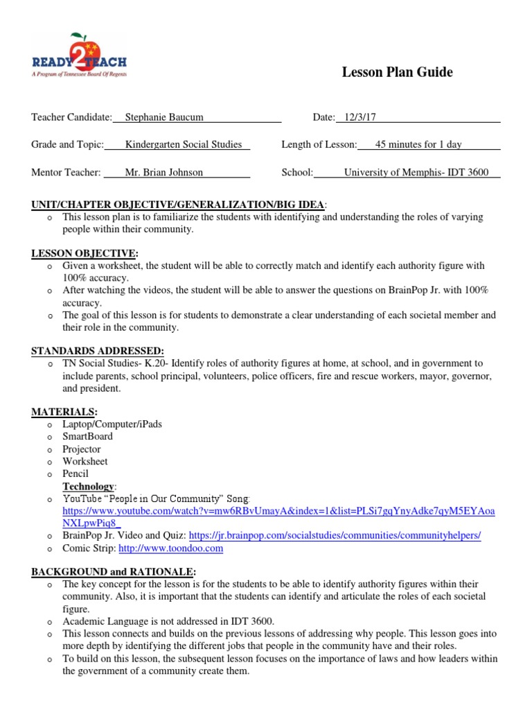 Lesson Plan Guide: Unit/Chapter Objective/Generalization/Big Idea | PDF ...