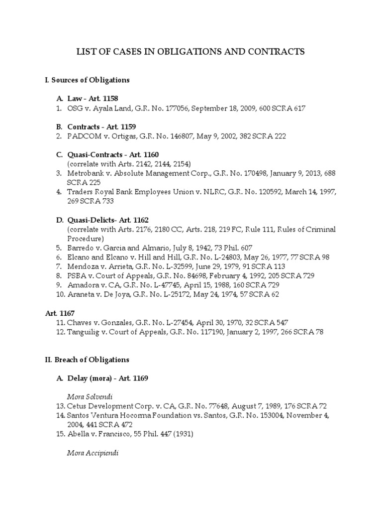 List Of Cases Obligations And Contracts Pdf Common Law Private Law