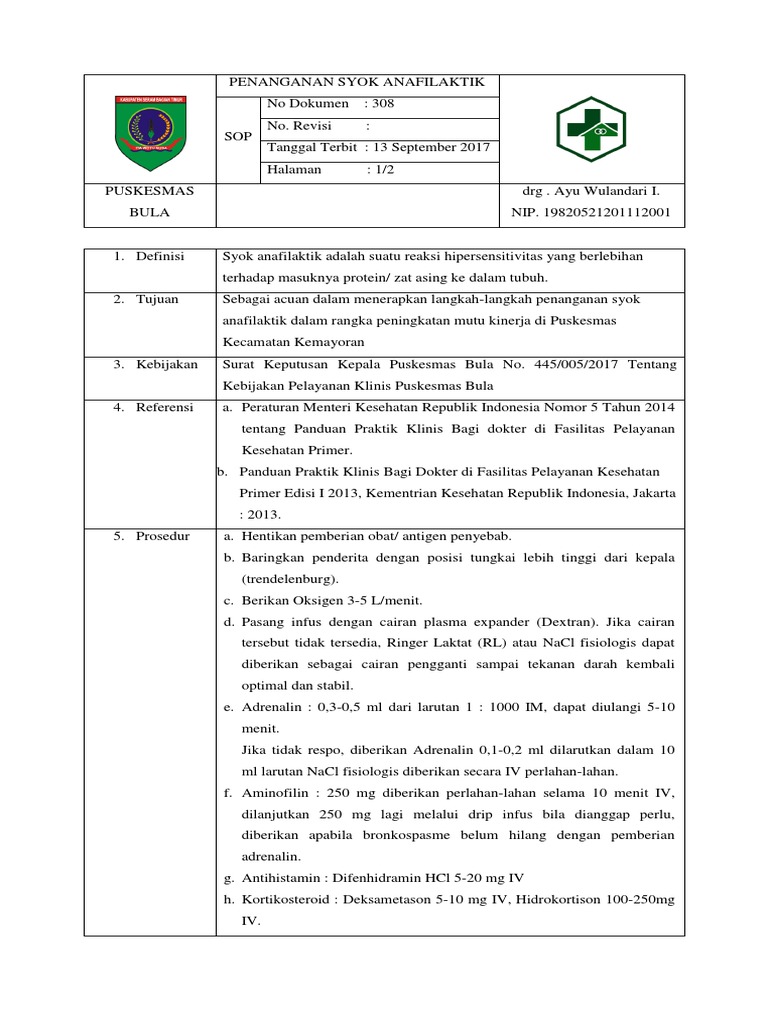 Sop Penanganan Syok Anafilaktik