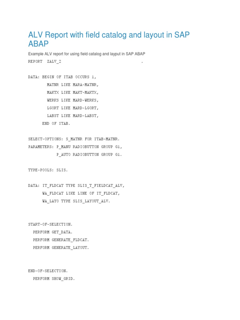 ALV Report with Field Catalog Example | PDF | Computer Programming ...