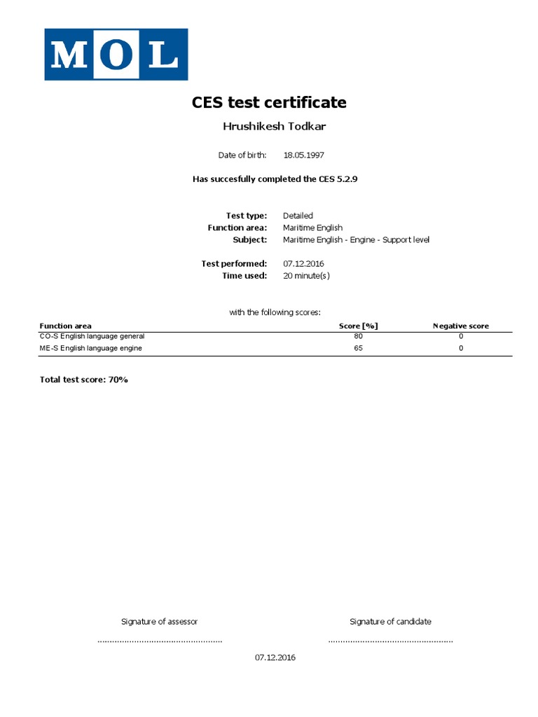 CES Test Certificate for Maritime English | PDF
