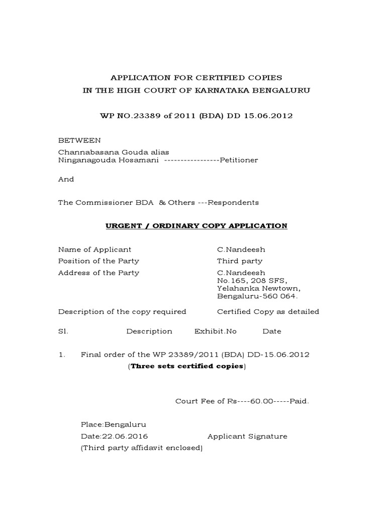 Affidavit for Certified Copy Affidavit Bangalore