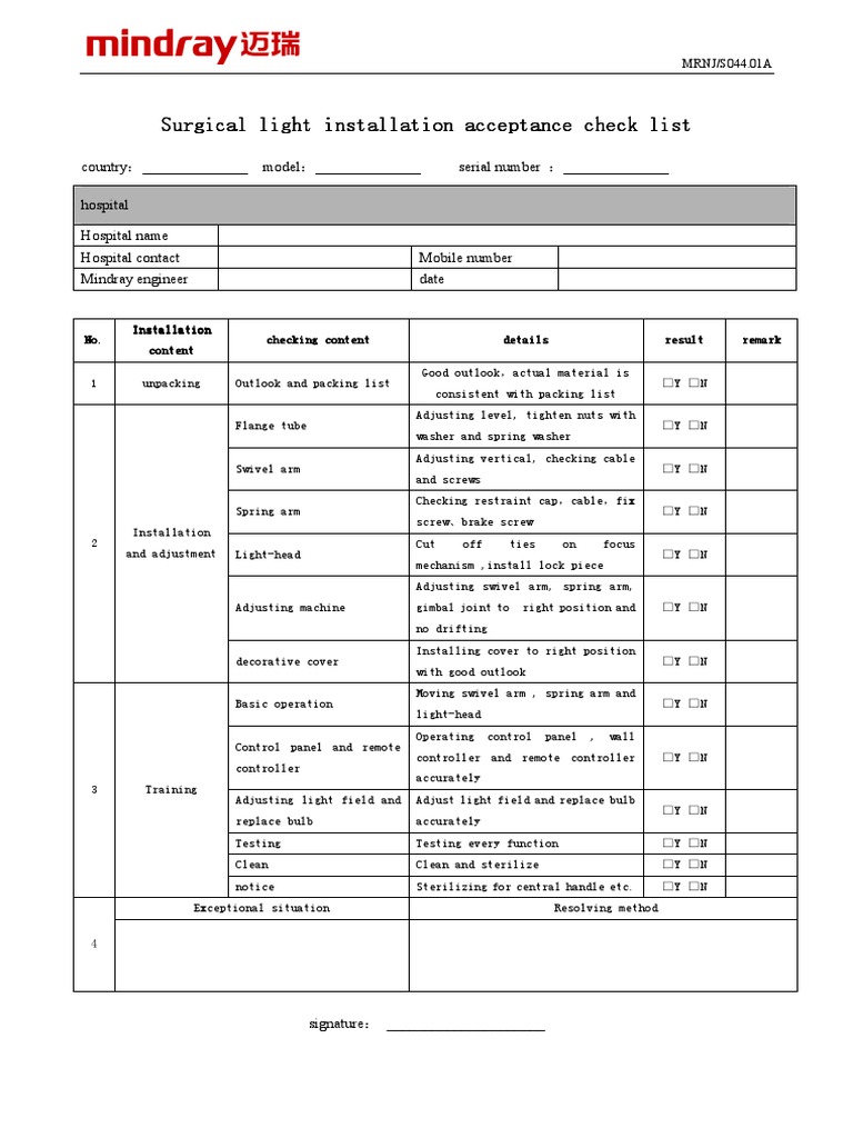 Surgical Light Installation Checklist | PDF | Manufactured Goods ...