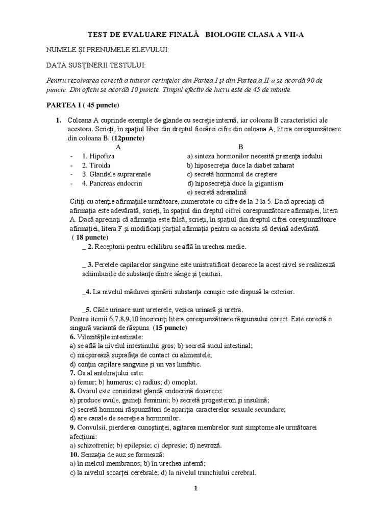 Test de Evaluare Finala Cls. 7 C. 4 C. de Arge | PDF