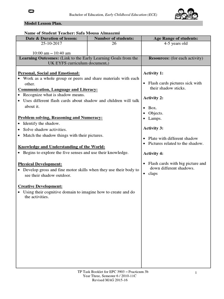 Lesson Plan Shadwo 9 C Early Childhood Education Lesson Plan
