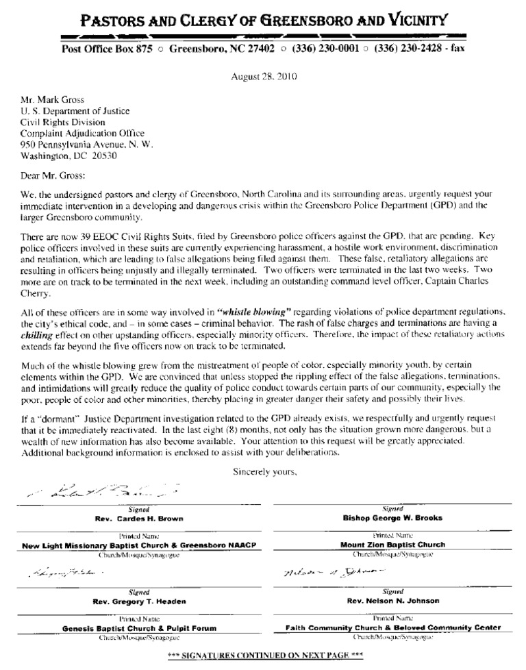 Letter Requesting DOJ Investigation of Greensboro Police Department ...