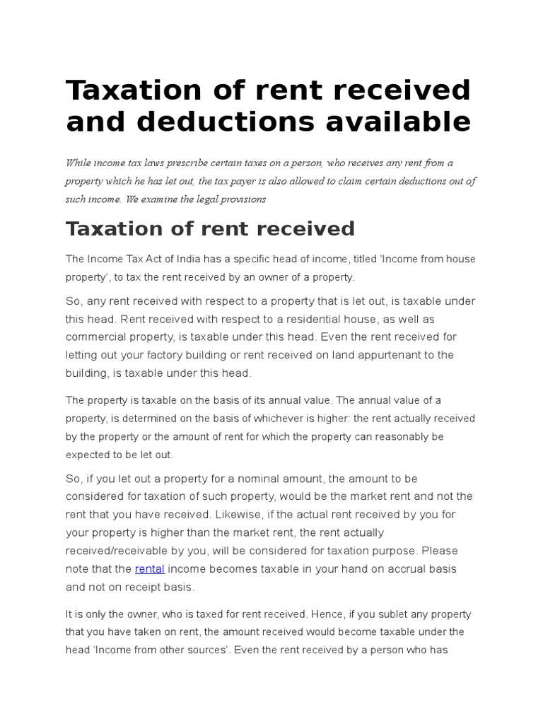 Taxation of Rent Received and Deductions Available PDF Tax