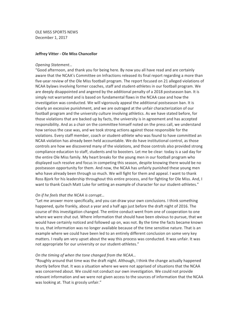 Ole Miss Appeals 2018 Bowl Ban | PDF | National Collegiate Athletic ...