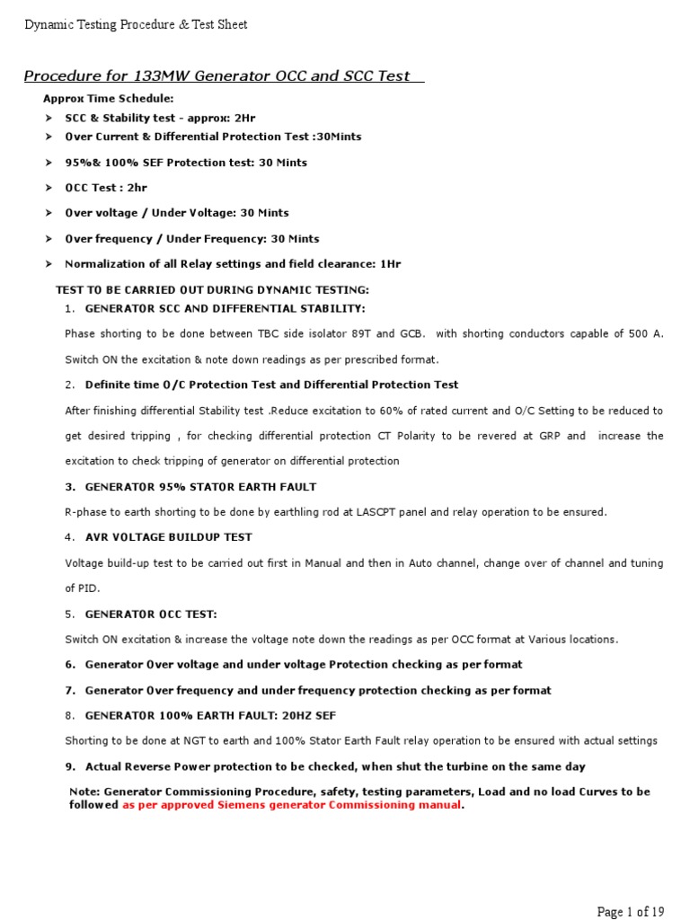 Generator Dynamic Testing Procedure | PDF | Relay | Frequency