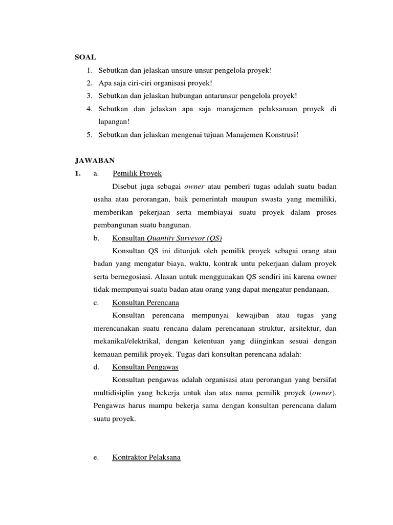 Soal Dan Jawaban Organisasi Dan Manajemen Proyek Pdf